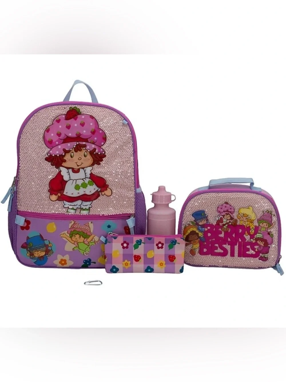 Strawberry Shortcake Backpack Set 5pc Girls Pink Sequin Lunch Bag School New